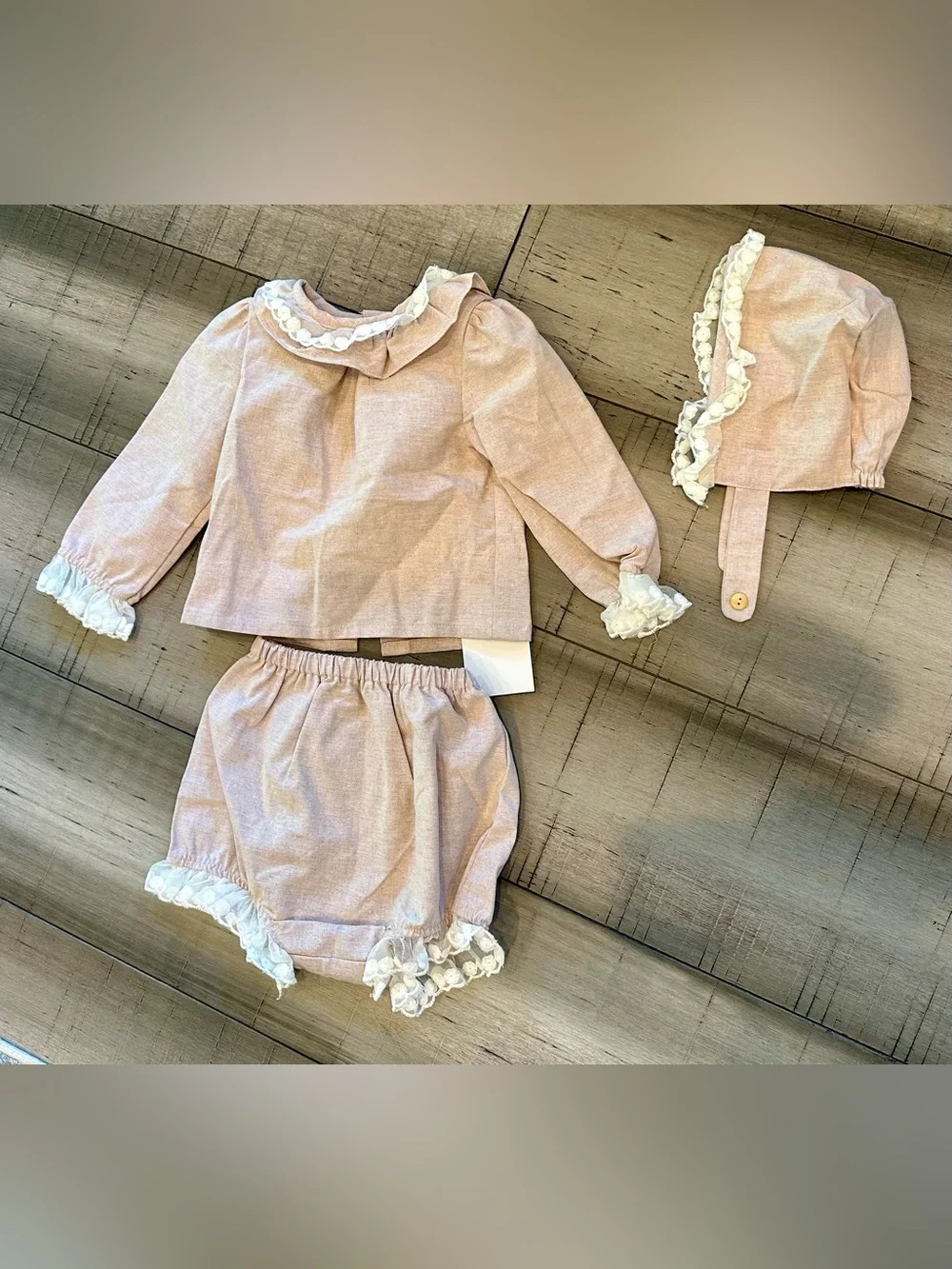 Baby Girls 3 Pc Outfit Set Pink Lace Bloomer Bonnet Top 6 Months Boutique Style